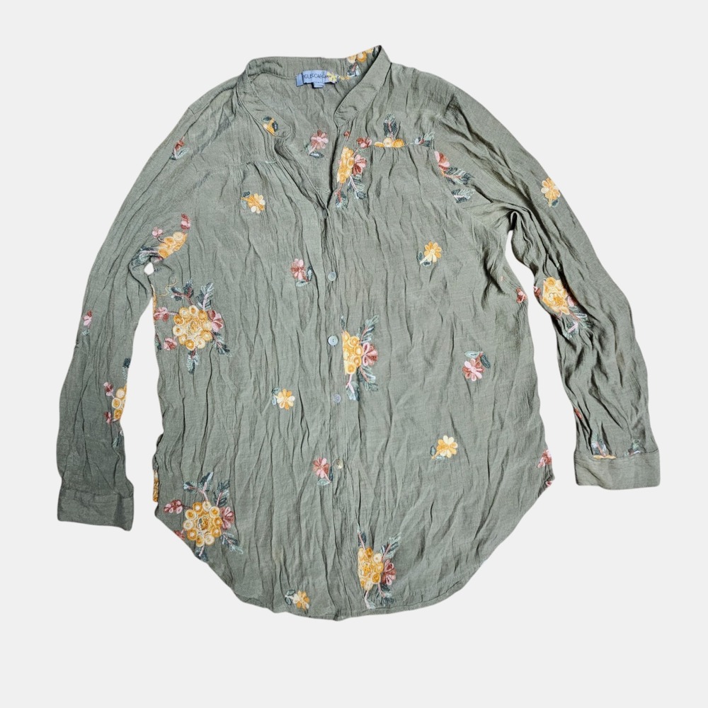 Figueroa & Flower Embroidered Button Up Long Sleeve Tunic Top XL Rayon Poly Boho